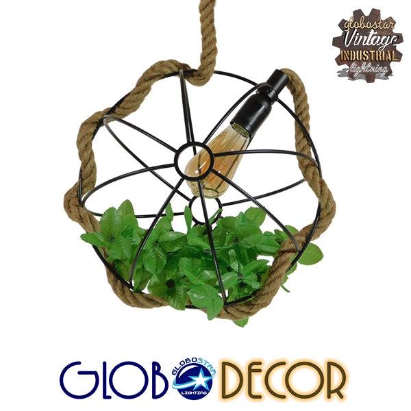 GloboStar® BRADLEY 10001328 Vintage Industrial Κρεμαστό Φωτιστικό Οροφής Μονόφωτο Πλέγμα με Μπεζ Σχοινί Φ33 x Υ33cm - ledmania.gr