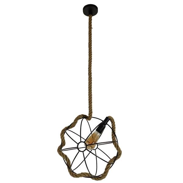 GloboStar® BRADLEY 10001328 Vintage Industrial Κρεμαστό Φωτιστικό Οροφής Μονόφωτο Πλέγμα με Μπεζ Σχοινί Φ33 x Υ33cm - ledmania.gr
