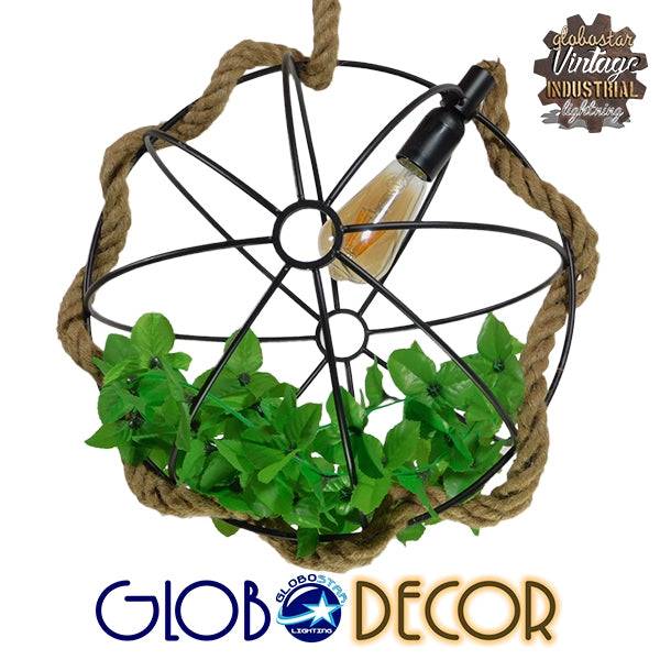 GloboStar® BRADLEY 10001329 Vintage Industrial Κρεμαστό Φωτιστικό Οροφής Μονόφωτο Πλέγμα με Μπεζ Σχοινί Φ42 x Υ42cm - ledmania.gr