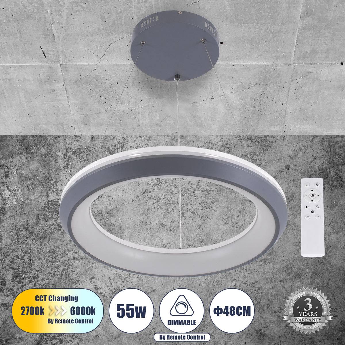GloboStar® MELINA 61045 Κρεμαστή Πλαφονιέρα Οροφής Κύκλος LED CCT 55W 6376lm 120° AC 220-240V - Εναλλαγή Φωτισμού μέσω Τηλεχειριστηρίου All In One Ψυχρό Λευκό 6000k+Φυσικό Λευκό 4500k+Θερμό Λευκό 2700k Dimmable Φ48cm - Ανθρακί - 3 Years Warranty - ledmania.gr