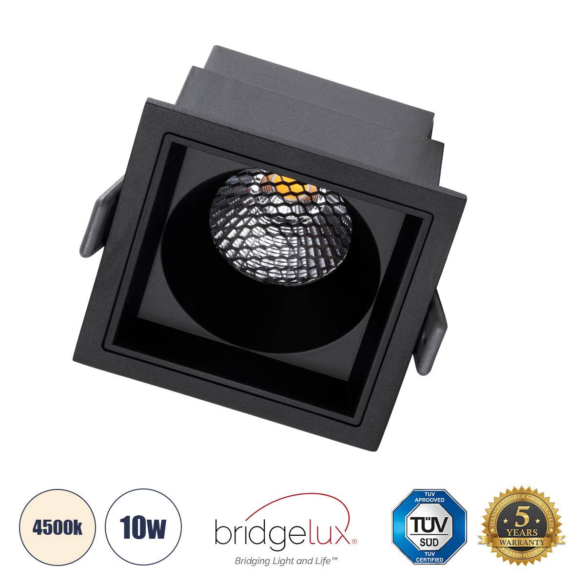 GloboStar® PLUTO-M 60274 Χωνευτό LED Spot Downlight TrimLess Μ8.4xΠ8.4cm 10W 1300lm 38° AC 220-240V IP20 Μ8.4 x Π8.4 x Υ5.9cm - Τετράγωνο - Μαύρο & Anti-Glare HoneyComb - Φυσικό Λευκό 4500K - Bridgelux COB - 5 Years Warranty - ledmania.gr