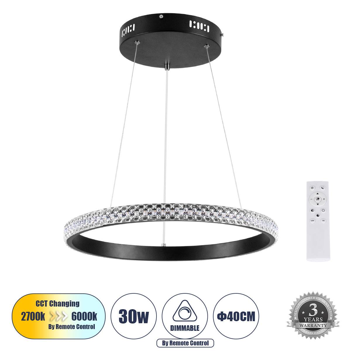 GloboStar® DIAMOND 61128 Κρεμαστό Φωτιστικό Δαχτυλίδι-Κύκλος LED CCT 30W 3513lm 360° AC 220-240V - Εναλλαγή Φωτισμού μέσω Τηλεχειριστηρίου All In One Ψυχρό 6000k+Φυσικό 4500k+Θερμό 2700k Dimmable Φ40cm - Μαύρο - 3 Years Warranty - ledmania.gr