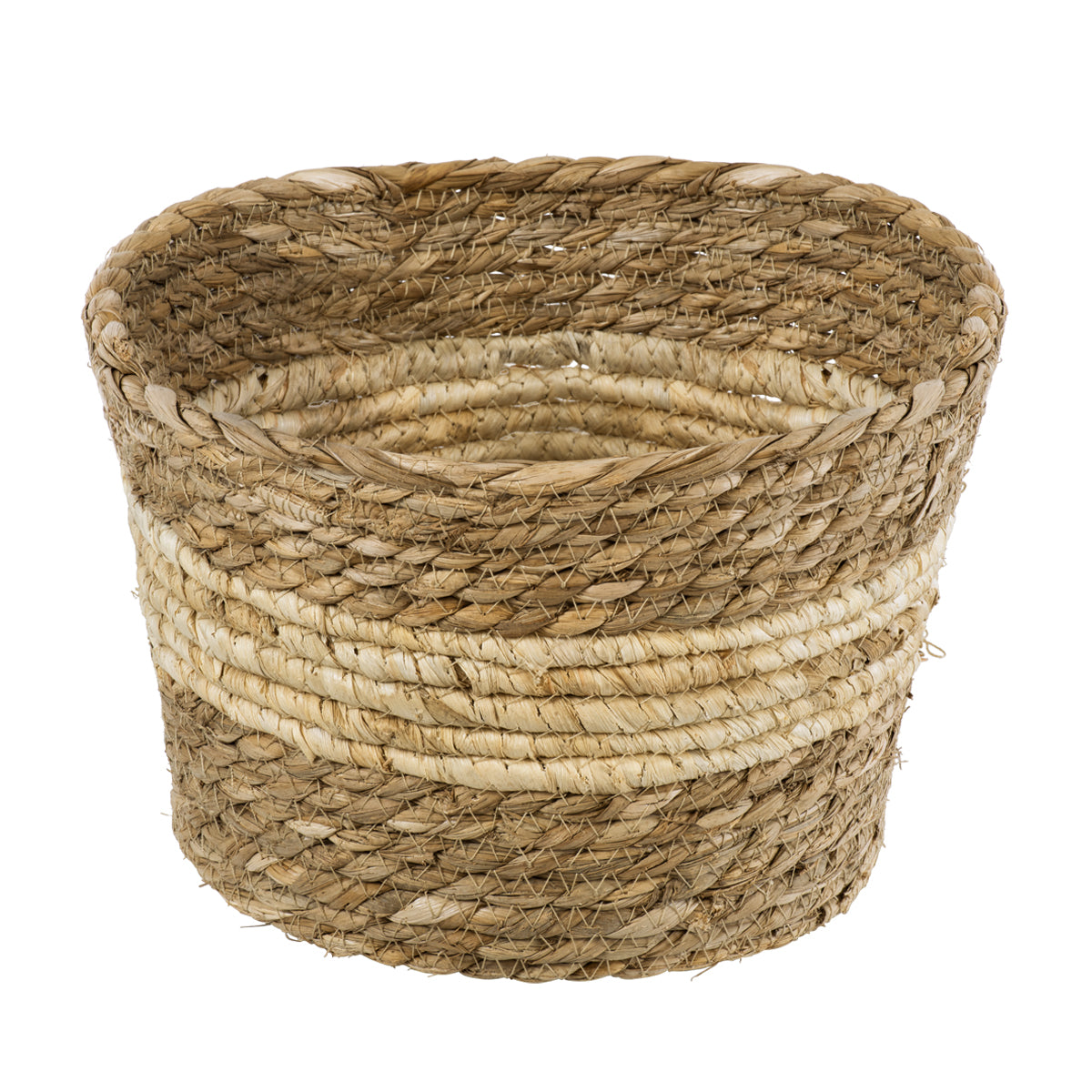 GloboStar® Artificial Garden KYTHIRA 20273 Διακοσμητικό Πλεκτό Καλάθι - Κασπώ Γλάστρα - Flower Pot Μπεζ με Λευκό Φ22cm x Υ15cm - ledmania.gr