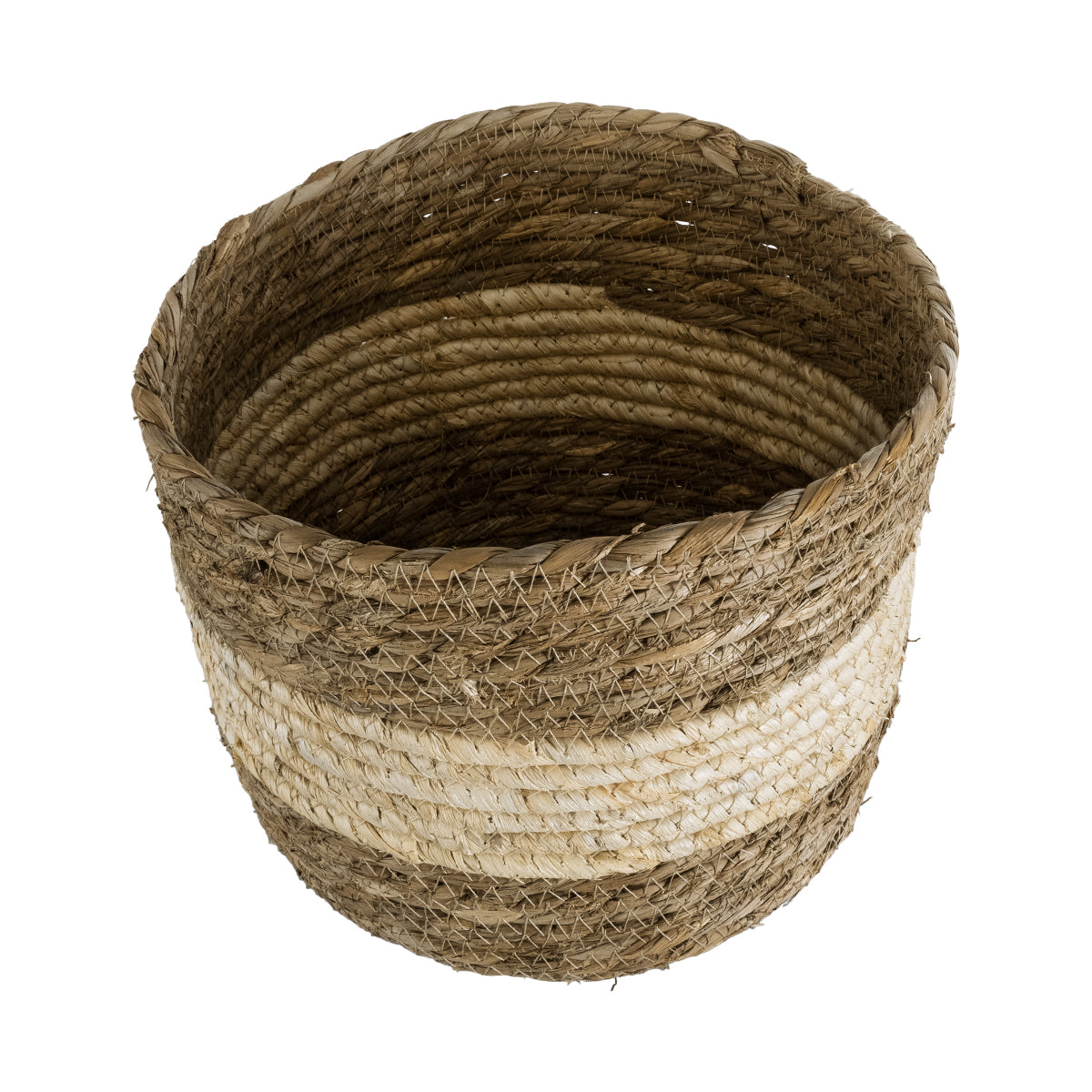 GloboStar® Artificial Garden KYTHIRA 20274 Διακοσμητικό Πλεκτό Καλάθι - Κασπώ Γλάστρα - Flower Pot Καφέ με Μπεζ Φ25 x Υ18cm - ledmania.gr