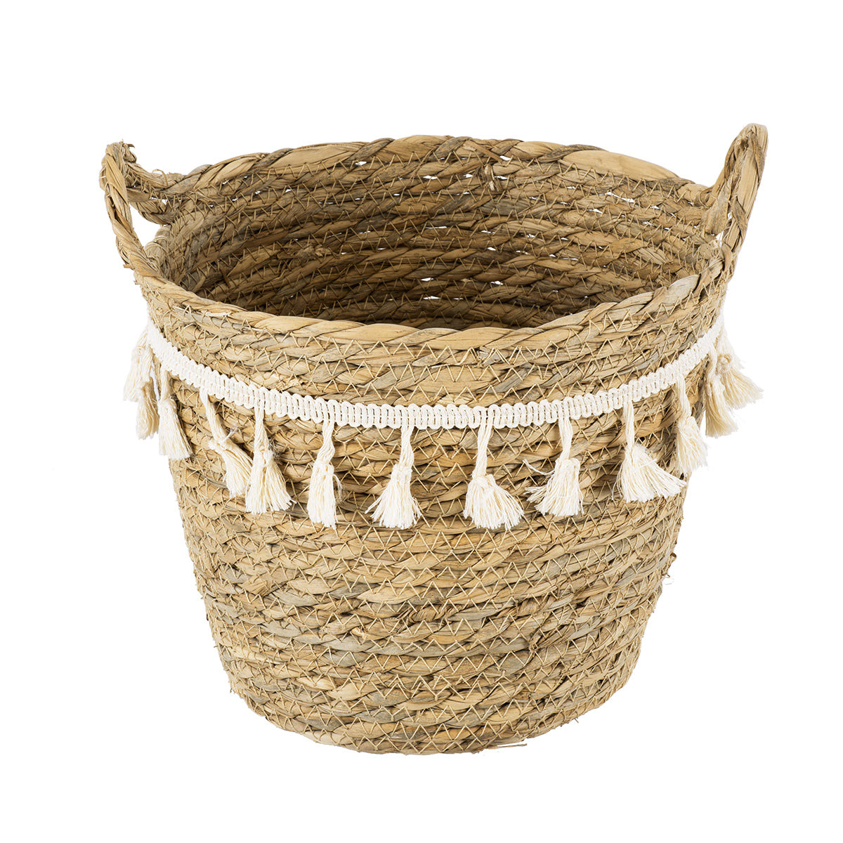 GloboStar® Artificial Garden SANTORINI 20284 Διακοσμητικό Πλεκτό Καλάθι - Κασπώ Γλάστρα - Flower Pot Μπεζ με Μακραμέ Φ20cm x Υ20cm - ledmania.gr