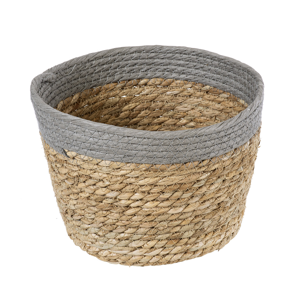 GloboStar® Artificial Garden ANTIPAROS 20289 Διακοσμητικό Πλεκτό Καλάθι - Κασπώ Γλάστρα - Flower Pot Μπεζ με Γκρι Φ22cm x Υ15cm - ledmania.gr