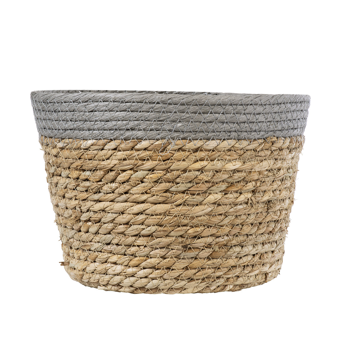GloboStar® Artificial Garden ANTIPAROS 20289 Διακοσμητικό Πλεκτό Καλάθι - Κασπώ Γλάστρα - Flower Pot Μπεζ με Γκρι Φ22cm x Υ15cm - ledmania.gr
