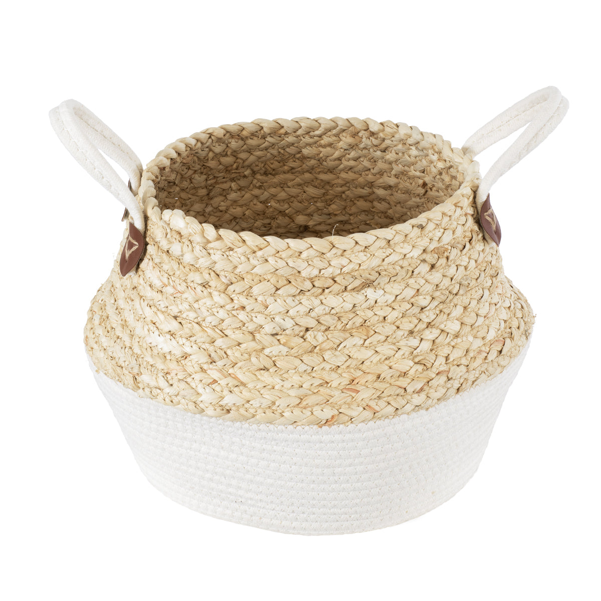 GloboStar® Artificial Garden KIMOLOS 20311 Διακοσμητικό Πλεκτό Καλάθι - Κασπώ Γλάστρα - Flower Pot Μπεζ με Λευκό Φ29cm x Υ30cm - ledmania.gr