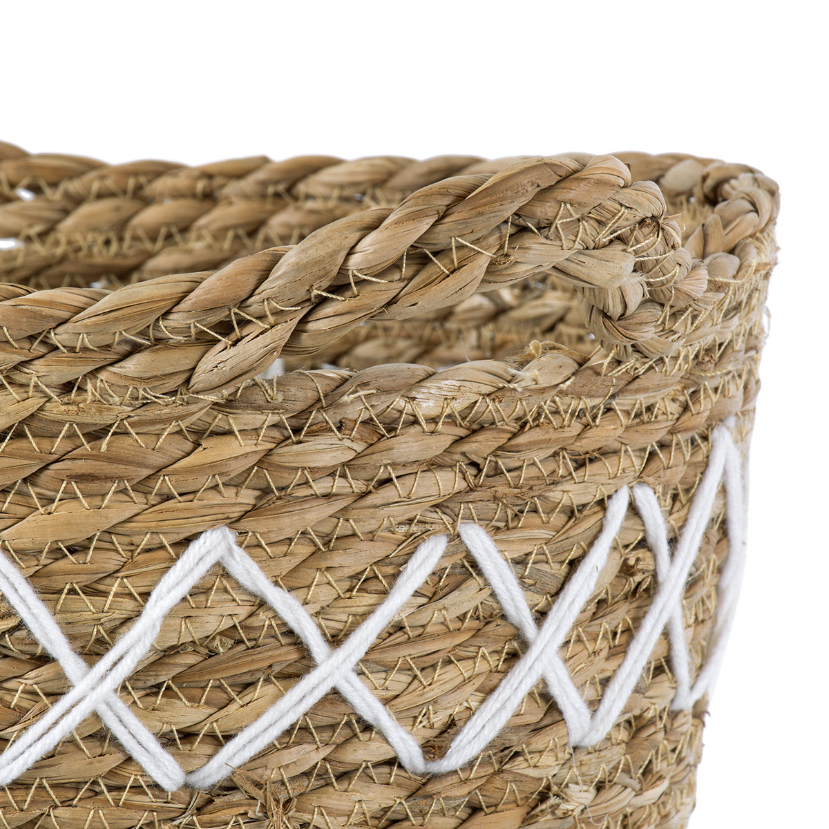 GloboStar® Artificial Garden ZAKYNTHOS 20336 ΣΕΤ 3 Διακοσμητικά Πλεκτά Καλάθια - Κασπώ Γλάστρες - Flower Pots Μπεζ με Μακραμέ A:Φ24cm x Υ20cm B:Φ28cm x Υ24cm C:Φ32cm x Υ28cm - ledmania.gr