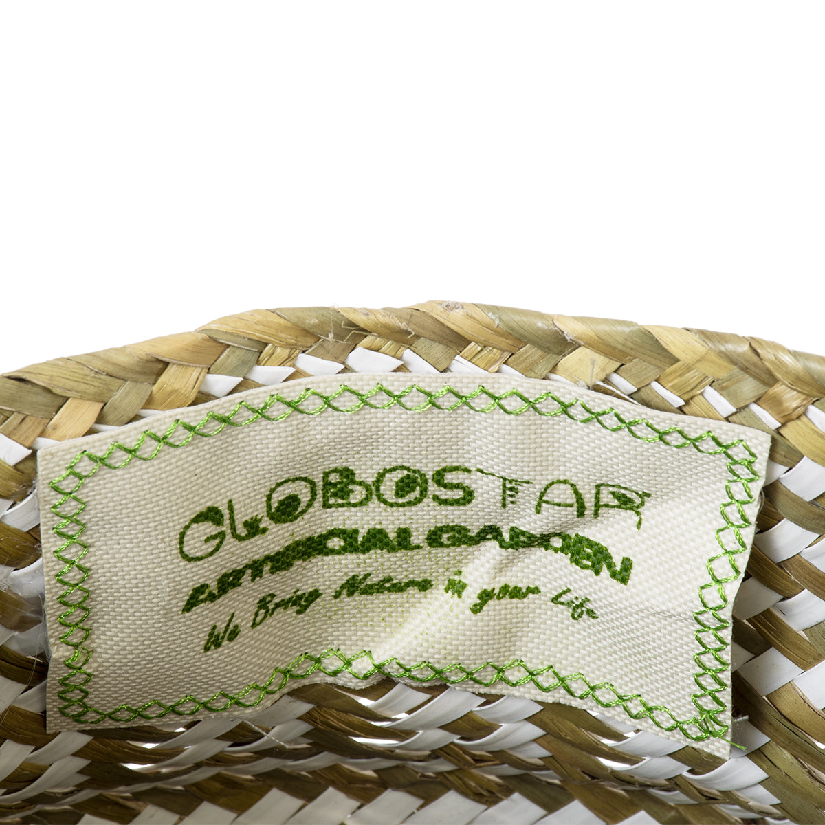GloboStar® Artificial Garden SYMI 20338 Διακοσμητικό Ψάθινο Καλάθι - Κασπώ Γλάστρα - Flower Pot Μπεζ με Λευκό Φ18cm x Υ20cm - ledmania.gr