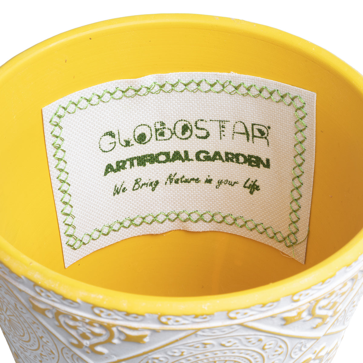 GloboStar® Artificial Garden RABAT 20518 Διακοσμητικό Κεραμικό Κασπώ Γλάστρα - Flower Pot Λευκό με Κίτρινο Φ14 x Υ13cm - ledmania.gr