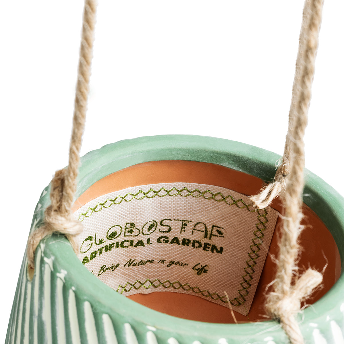 GloboStar® Artificial Garden BUBASTIS 20527 Κρεμαστό Διακοσμητικό Κεραμικό Κασπώ Γλάστρα - Flower Pot Λευκό με Πράσινο Φ13 x Υ10.5cm - ledmania.gr