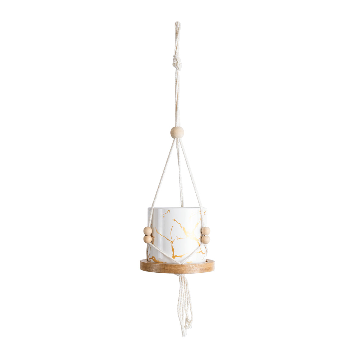 GloboStar® Artificial Garden USBOA 20545 Κρεμαστό Διακοσμητικό Κεραμικό Κασπώ Γλάστρα - Flower Pot Λευκό με Χρυσές Λεπτομέρειες και Μπεζ Ξύλινη Βάση Φ10 x Υ40cm - ledmania.gr