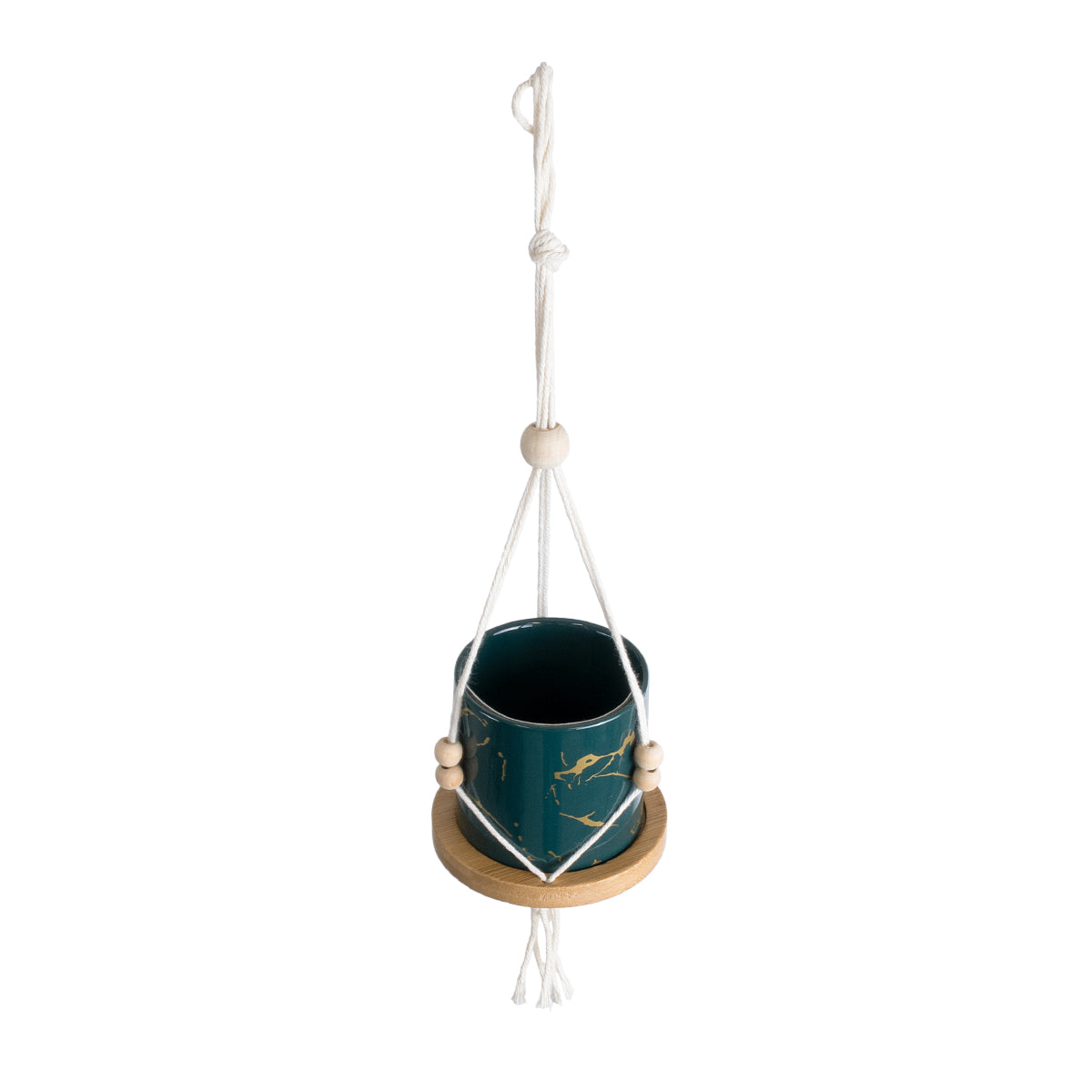 GloboStar® Artificial Garden TALLINN 20546 Κρεμαστό Διακοσμητικό Κεραμικό Κασπώ Γλάστρα - Flower Pot Πράσινο με Χρυσές Λεπτομέρειες και Μπεζ Ξύλινη Βάση Φ10 x Υ40cm - ledmania.gr