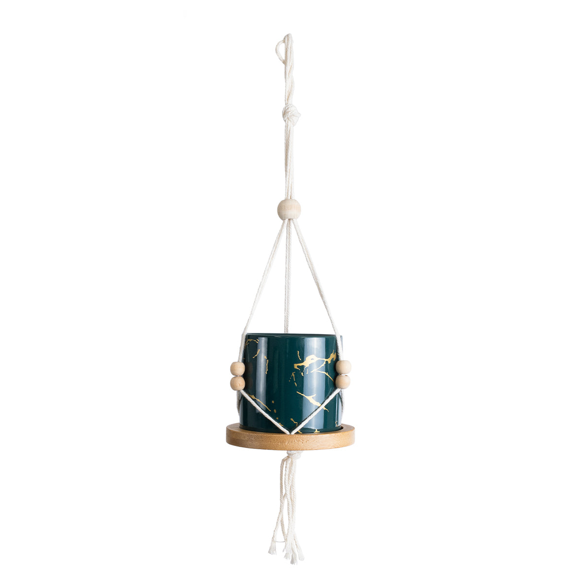 GloboStar® Artificial Garden TALLINN 20546 Κρεμαστό Διακοσμητικό Κεραμικό Κασπώ Γλάστρα - Flower Pot Πράσινο με Χρυσές Λεπτομέρειες και Μπεζ Ξύλινη Βάση Φ10 x Υ40cm - ledmania.gr