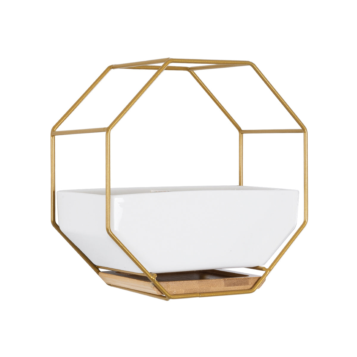 GloboStar® Artificial Garden MANDRITE 20556 Διακοσμητικό Κεραμικό Κασπώ Γλάστρα - Flower Pot Λευκό με Χρυσό Μεταλλικό Πλέγμα και Καφέ Ξύλινη Βάση Μ18 x Π10 x Υ18cm - ledmania.gr