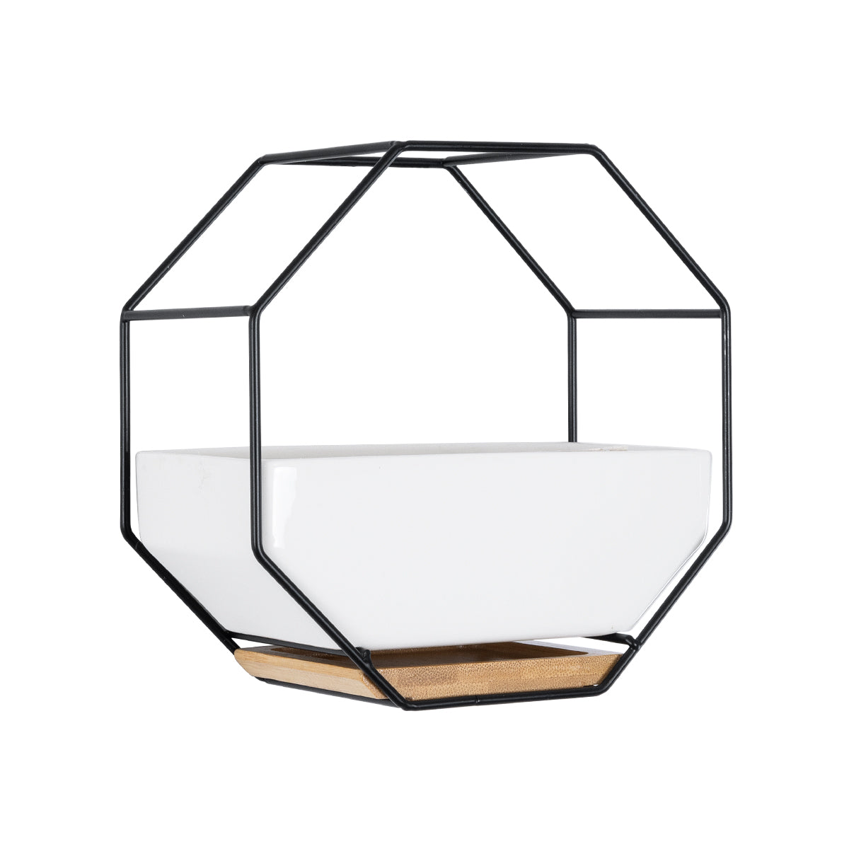 GloboStar® Artificial Garden BIANCO 20557 Διακοσμητικό Κεραμικό Κασπώ Γλάστρα - Flower Pot Λευκό με Μαύρο Μεταλλικό Πλέγμα και Καφέ Ξύλινη Βάση Μ18 x Π10 x Υ18cm - ledmania.gr