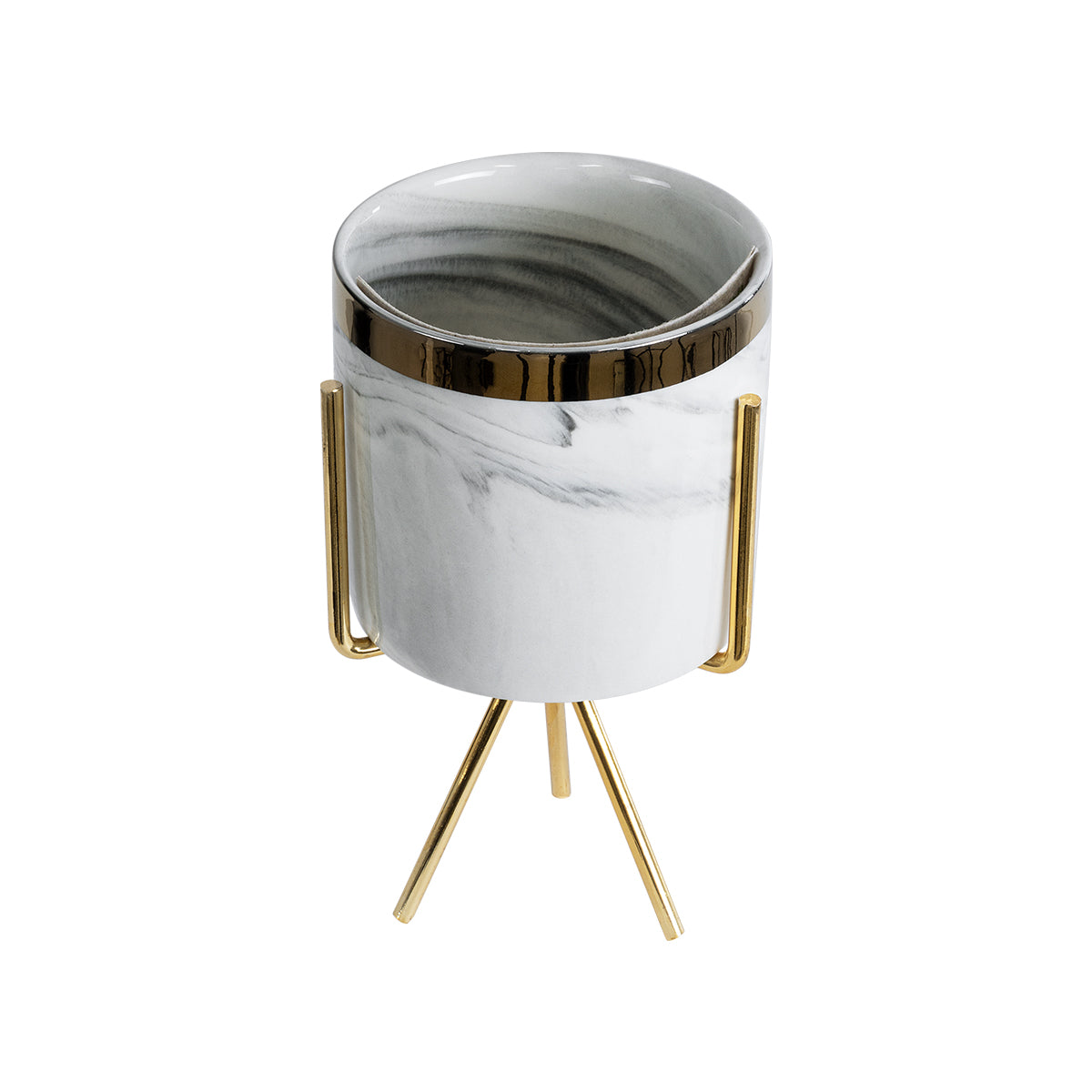 GloboStar® Artificial Garden ALASKA 20565 Διακοσμητικό Κεραμικό Κασπώ Γλάστρα - Flower Pot Λευκό με Χρυσή Μεταλλική Βάση και Μαύρες Λεπτομέρειες Φ8 x Υ15cm - ledmania.gr