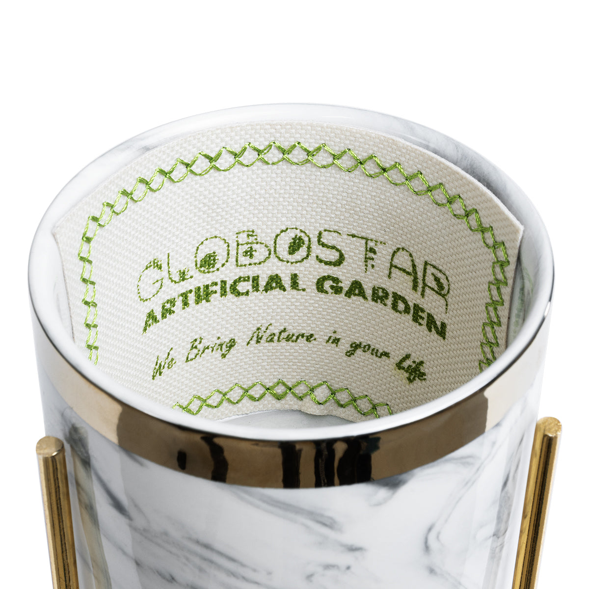 GloboStar® Artificial Garden ALASKA 20565 Διακοσμητικό Κεραμικό Κασπώ Γλάστρα - Flower Pot Λευκό με Χρυσή Μεταλλική Βάση και Μαύρες Λεπτομέρειες Φ8 x Υ15cm - ledmania.gr