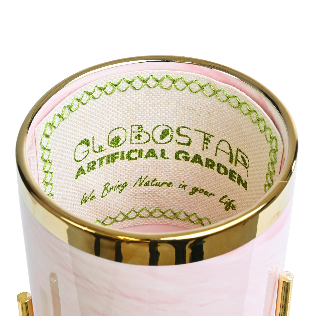 GloboStar® Artificial Garden COLORADO 20566 Διακοσμητικό Κεραμικό Κασπώ Γλάστρα - Flower Pot Ροζ με Χρυσή Μεταλλική Βάση και Λευκές Λεπτομέρειες Φ8 x Υ17cm - ledmania.gr