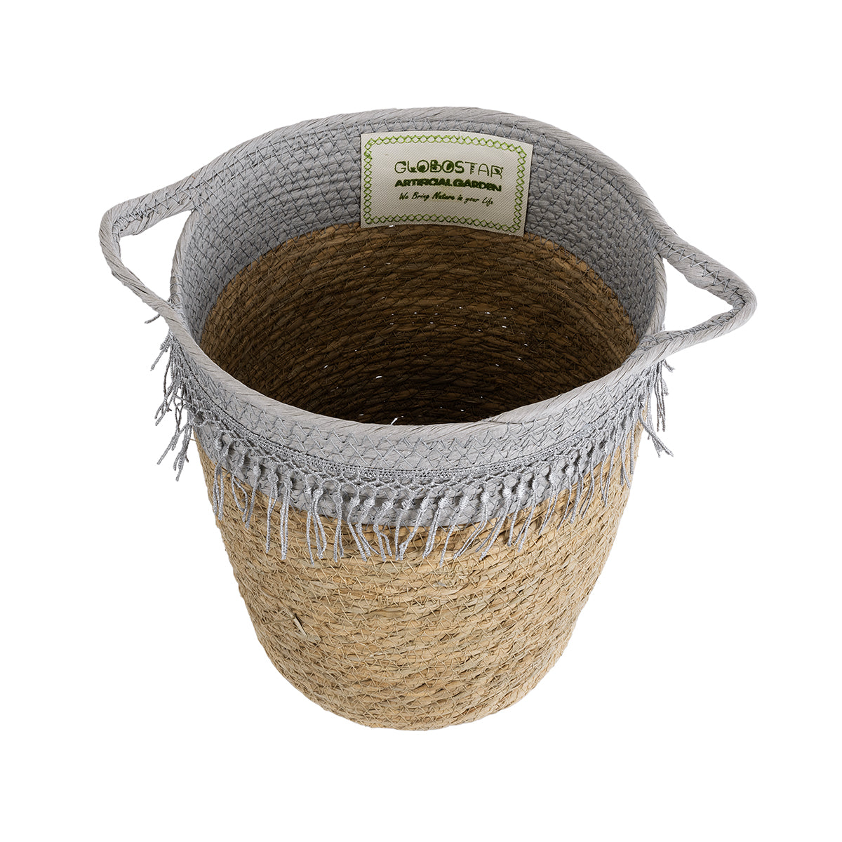 GloboStar® Artificial Garden SYROS 20571 Διακοσμητικό Πλεκτό Κασπώ Γλάστρα - Flower Pot Μπεζ με Γκρι Φ26 x Υ28cm - ledmania.gr