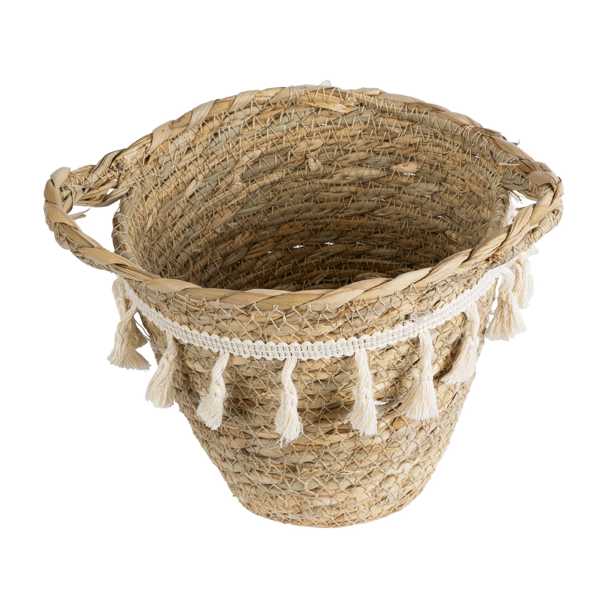 GloboStar® Artificial Garden SANTORINI 20572 Διακοσμητικό Πλεκτό Κασπώ Γλάστρα - Flower Pot Μπεζ με Λευκό Φ17 x Υ16cm - ledmania.gr