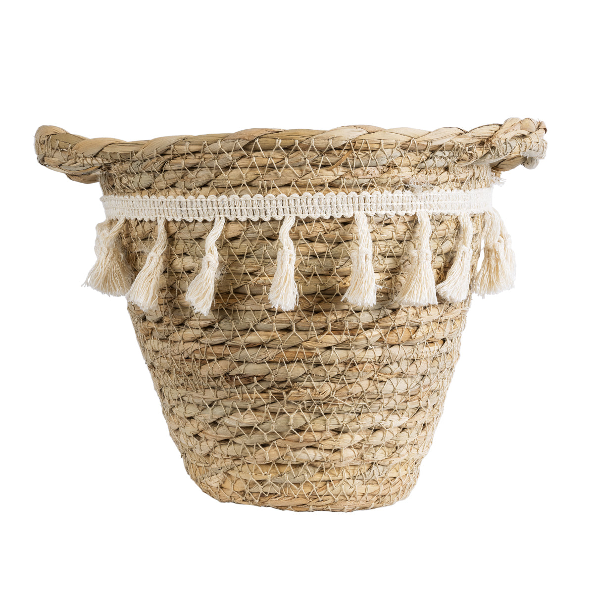 GloboStar® Artificial Garden SANTORINI 20572 Διακοσμητικό Πλεκτό Κασπώ Γλάστρα - Flower Pot Μπεζ με Λευκό Φ17 x Υ16cm - ledmania.gr