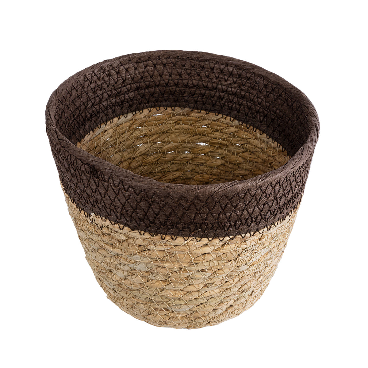 GloboStar® Artificial Garden LEFKADA 20574 Διακοσμητικό Πλεκτό Κασπώ Γλάστρα - Flower Pot Μπεζ με Καφέ Φ18 x Υ15cm - ledmania.gr