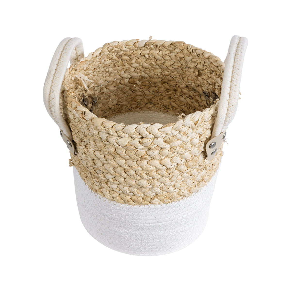 GloboStar® Artificial Garden NEVADA 20575 Διακοσμητικό Πλεκτό Κασπώ Γλάστρα - Flower Pot Μπεζ με Λευκό Φ23 x Υ23cm - ledmania.gr