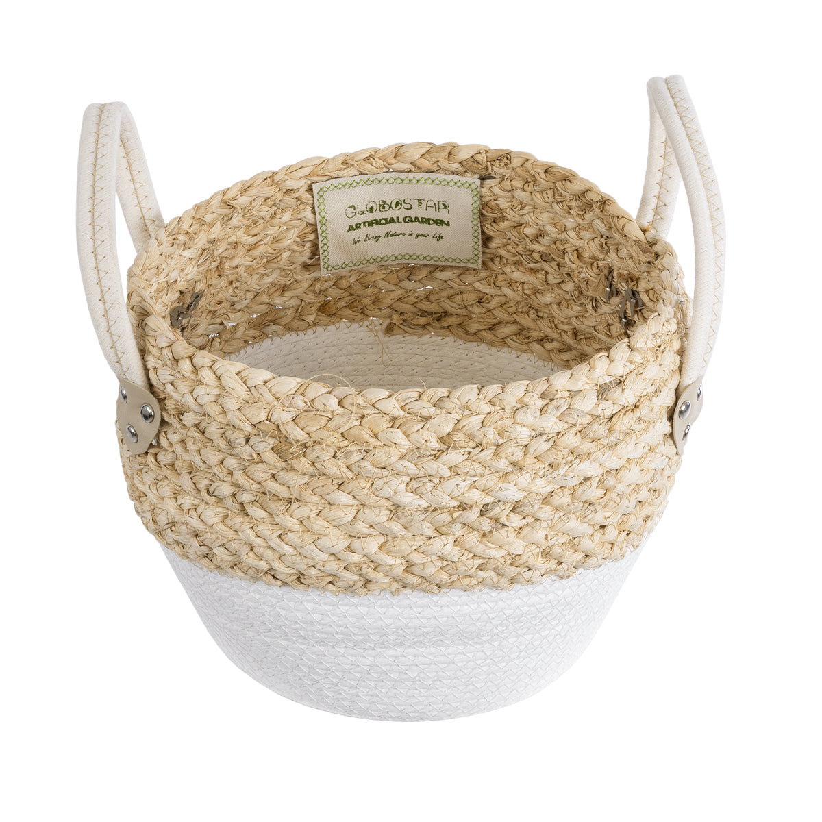 GloboStar® Artificial Garden SANTORINI 20576 Διακοσμητικό Πλεκτό Κασπώ Γλάστρα - Flower Pot Μπεζ με Λευκό Φ28 x Υ24cm - ledmania.gr