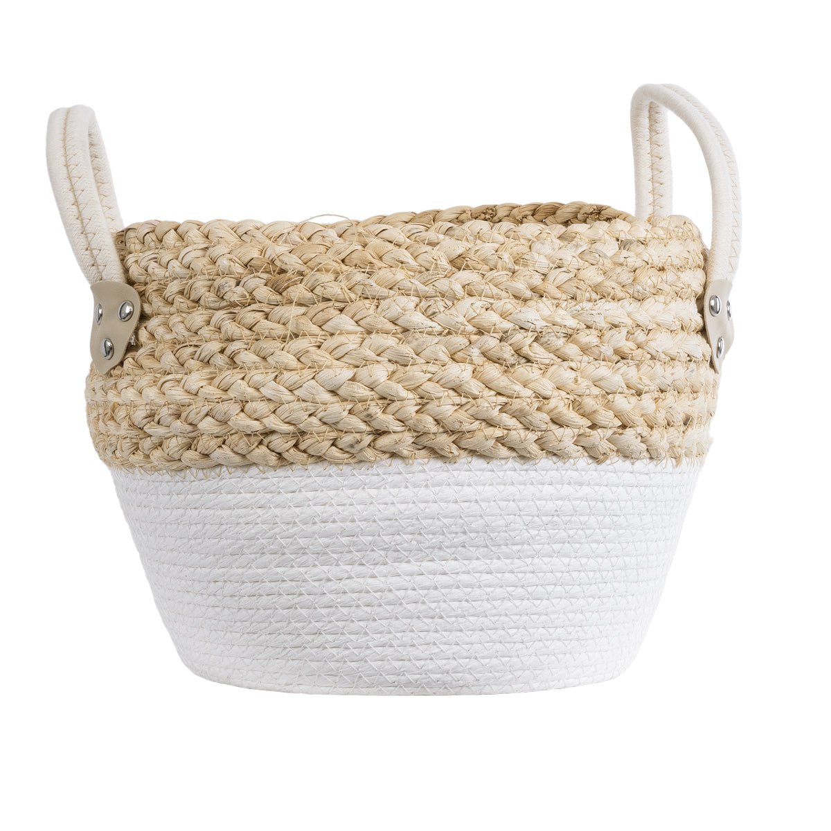 GloboStar® Artificial Garden SANTORINI 20576 Διακοσμητικό Πλεκτό Κασπώ Γλάστρα - Flower Pot Μπεζ με Λευκό Φ28 x Υ24cm - ledmania.gr