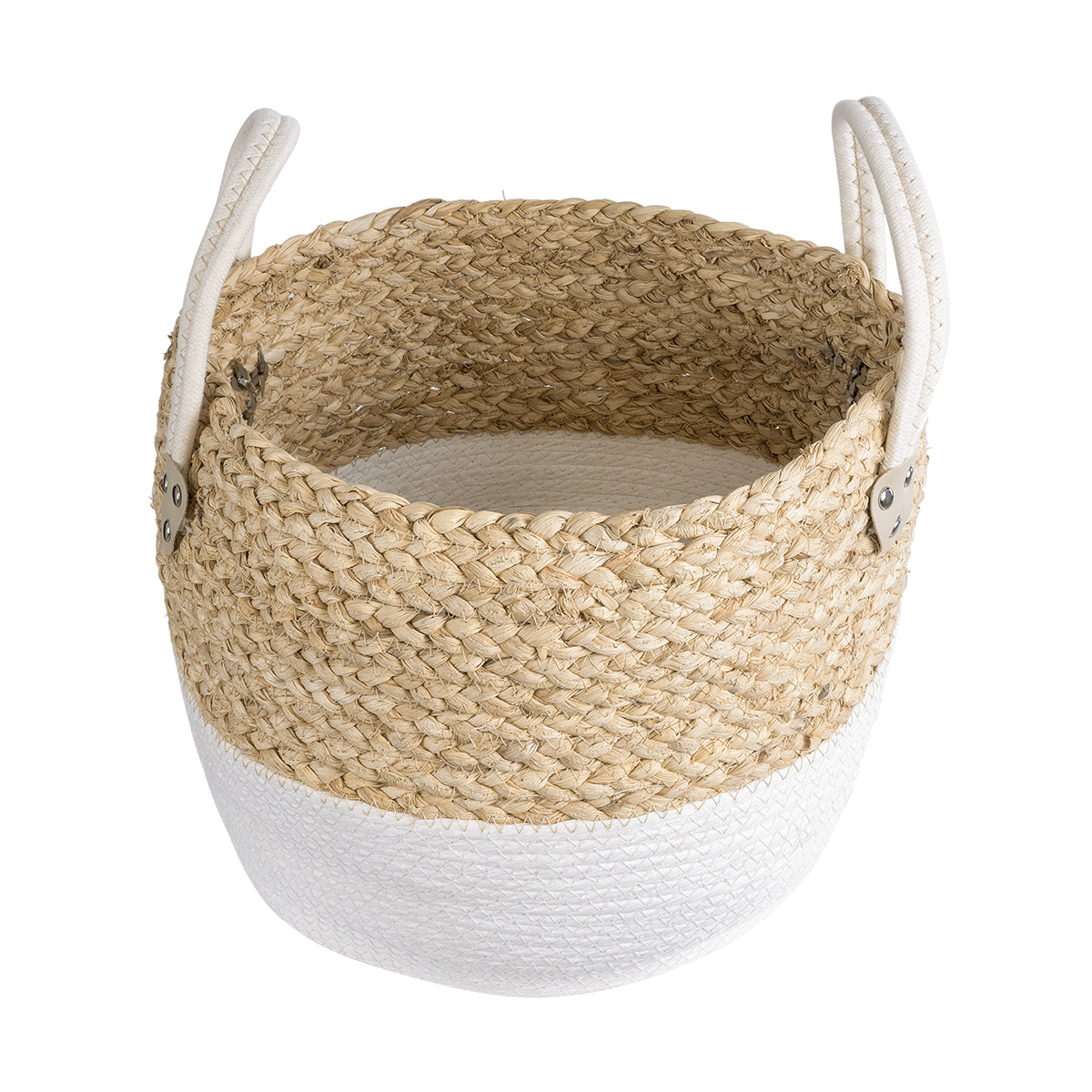 GloboStar® Artificial Garden NEVADA 20577 Διακοσμητικό Πλεκτό Κασπώ Γλάστρα - Flower Pot Μπεζ με Λευκό Φ33 x Υ28cm - ledmania.gr