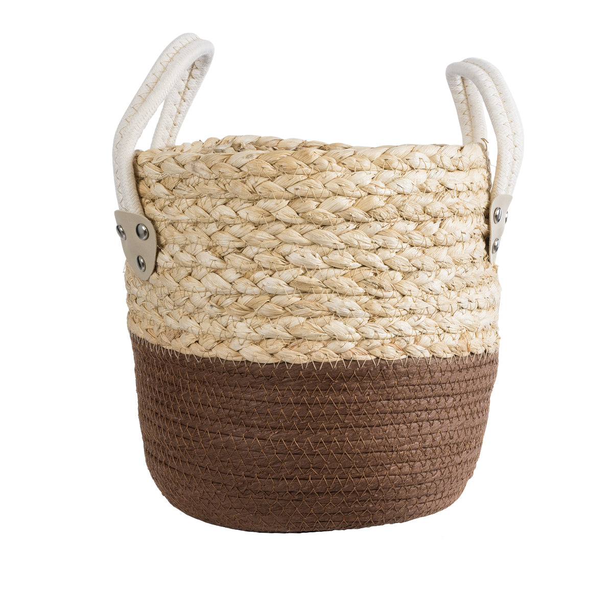 GloboStar® Artificial Garden CAROLINA 20578 Διακοσμητικό Πλεκτό Κασπώ Γλάστρα - Flower Pot Μπεζ με Καφέ και Λευκό Φ23 x Υ23cm - ledmania.gr