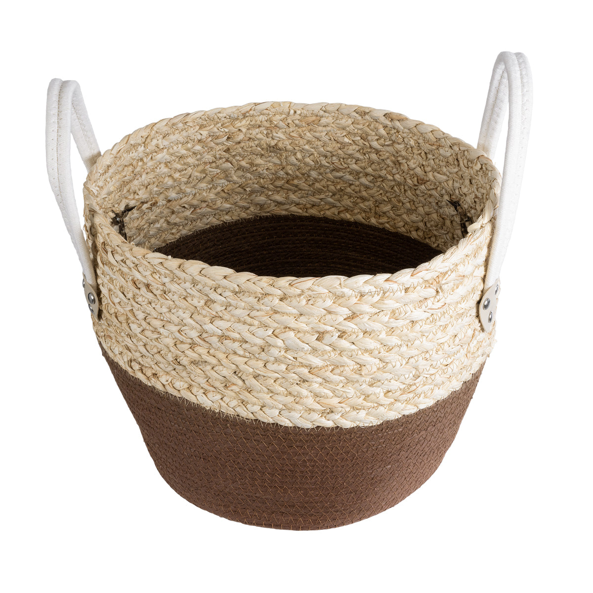 GloboStar® Artificial Garden CAROLINA 20580 Διακοσμητικό Πλεκτό Κασπώ Γλάστρα - Flower Pot Μπεζ με Καφέ και Λευκό Φ33 x Υ28cm - ledmania.gr