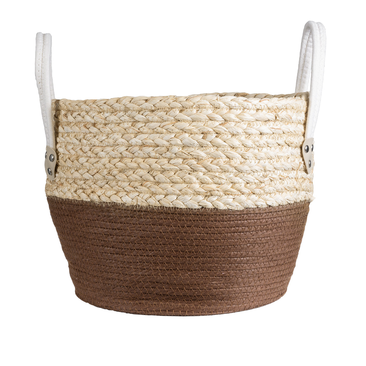 GloboStar® Artificial Garden CAROLINA 20580 Διακοσμητικό Πλεκτό Κασπώ Γλάστρα - Flower Pot Μπεζ με Καφέ και Λευκό Φ33 x Υ28cm - ledmania.gr