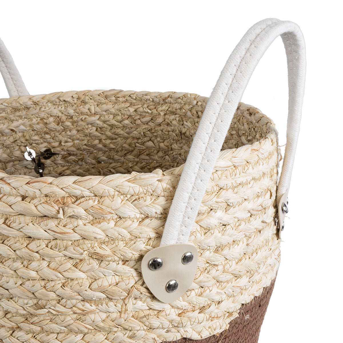 GloboStar® Artificial Garden CAROLINA 20580 Διακοσμητικό Πλεκτό Κασπώ Γλάστρα - Flower Pot Μπεζ με Καφέ και Λευκό Φ33 x Υ28cm - ledmania.gr