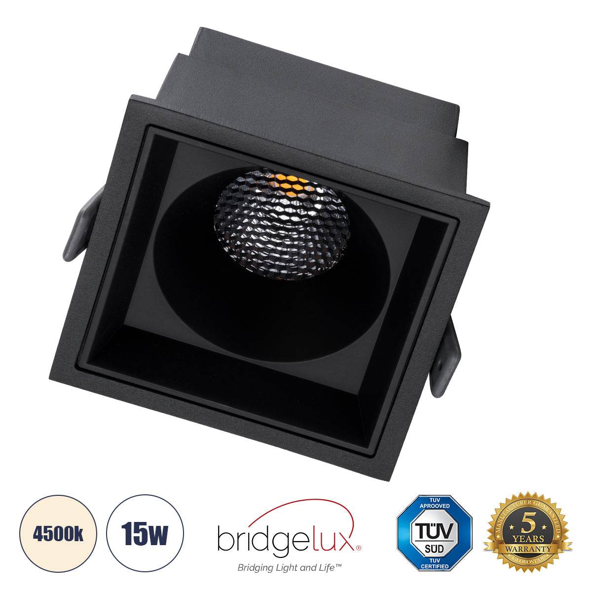 GloboStar® PLUTO-B 60280 Χωνευτό LED Spot Downlight TrimLess Μ10.4xΠ10.4cm 15W 1950lm 38° AC 220-240V IP20 Μ10.4 x Π10.4 x Υ6.5cm - Τετράγωνο - Μαύρο & Anti-Glare HoneyComb - Φυσικό Λευκό 4500K - Bridgelux COB - 5 Years Warranty - ledmania.gr