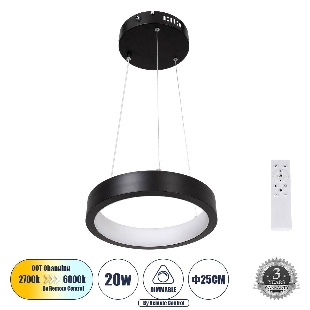 GloboStar® NEMESIS 61152 Κρεμαστό Φωτιστικό Δαχτυλίδι-Κύκλος LED CCT 20W 2356lm 360° AC 220-240V - Εναλλαγή Φωτισμού μέσω Τηλεχειριστηρίου All In One Ψυχρό 6000k+Φυσικό 4500k+Θερμό 2700k Dimmable Φ25cm - Μαύρο - 3 Years Warranty - ledmania.gr