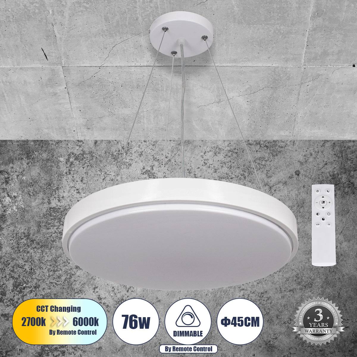 GloboStar® CASPER 61018 Κρεμαστή Πλαφονιέρα Οροφής LED CCT 76W 8372lm 120° AC 220-240V - Εναλλαγή Φωτισμού μέσω Τηλεχειριστηρίου All In One Ψυχρό Λευκό 6000k+Φυσικό Λευκό 4500k+Θερμό Λευκό 2700k Dimmable Φ45cm - Λευκό - 3 Years Warranty - ledmania.gr
