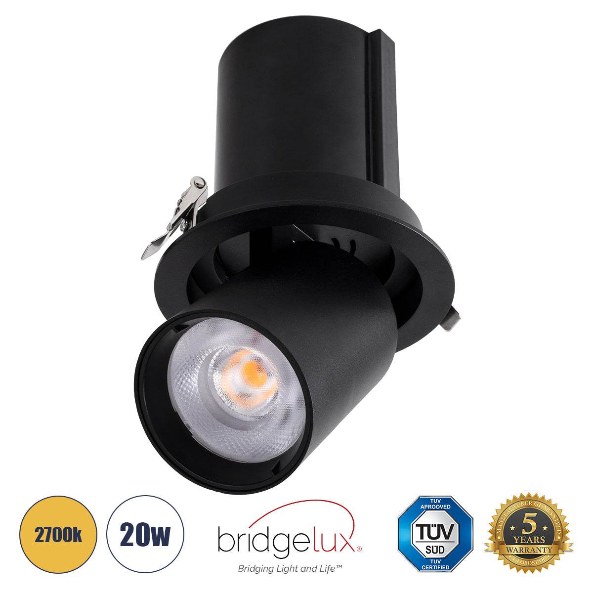 GloboStar® VIRGO-B 60313 Χωνευτό LED Spot Downlight TrimLess Φ13.5cm 20W 2500lm 36° AC 220-240V IP20 Φ13.5cm x Υ14cm - Στρόγγυλο - Μαύρο - Θερμό Λευκό 2700K - Bridgelux COB - 5 Years Warranty - ledmania.gr