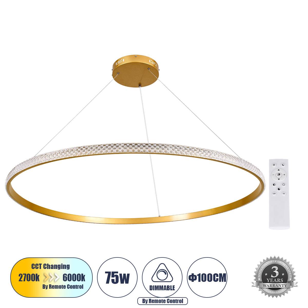 GloboStar® DIAMOND 61135 Κρεμαστό Φωτιστικό Δαχτυλίδι-Κύκλος LED CCT 75W 8743lm 360° AC 220-240V - Εναλλαγή Φωτισμού μέσω Τηλεχειριστηρίου All In One Ψυχρό 6000k+Φυσικό 4500k+Θερμό 2700k Dimmable Φ100cm - Χρυσό Βούρτσας - 3 Years Warranty - ledmania.gr