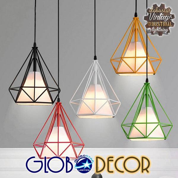 GloboStar® KAIRI 01622 Μοντέρνο Industrial Κρεμαστό Φωτιστικό Οροφής Μονόφωτο Πράσινο με Άσπρο Ύφασμα Μεταλλικό Πλέγμα Φ38 x Υ39cm - ledmania.gr