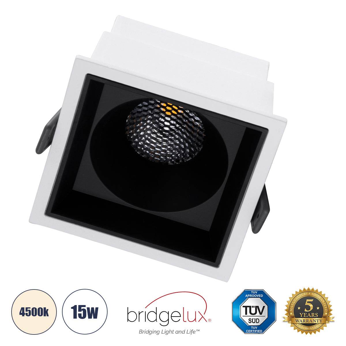 GloboStar® PLUTO-B 60276 Χωνευτό LED Spot Downlight TrimLess Μ10.4xΠ10.4cm 15W 1950lm 38° AC 220-240V IP20 Μ10.4 x Π10.4 x Υ6.5cm - Τετράγωνο - Λευκό με Μαύρο Κάτοπτρο & Anti-Glare HoneyComb - Φυσικό Λευκό 4500K - Bridgelux COB - 5 Years Warranty - ledmania.gr