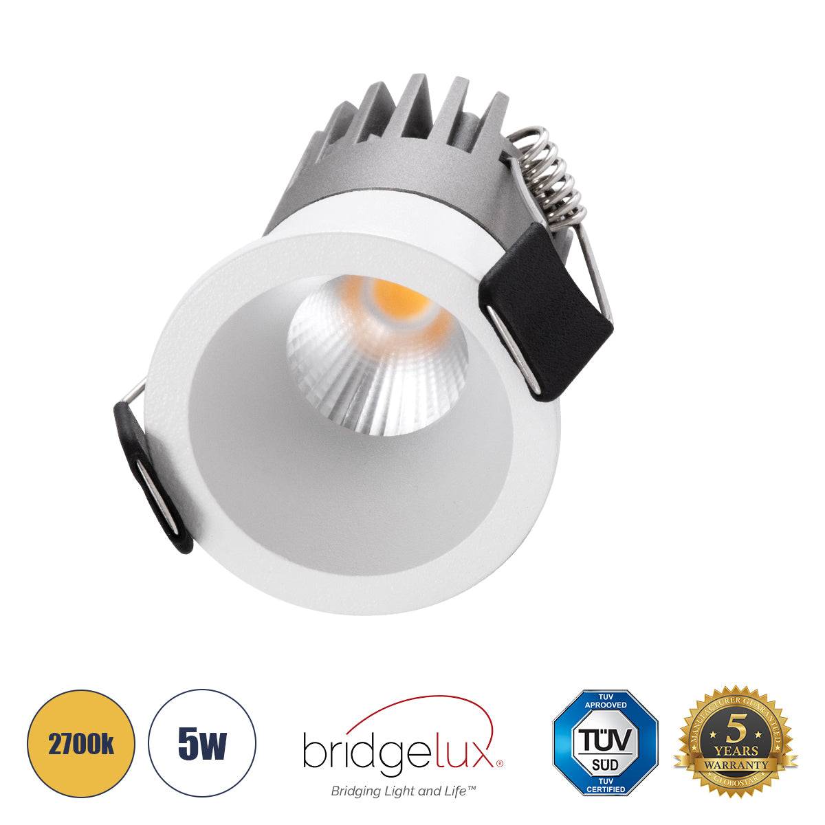 GloboStar® MICRO-S 60237 Χωνευτό LED Spot Downlight TrimLess Φ4cm 5W 625lm 38° AC 220-240V IP20 Φ4 x Υ5.9cm - Στρόγγυλο - Λευκό - Θερμό Λευκό 2700K - Bridgelux COB - 5 Years Warranty - ledmania.gr