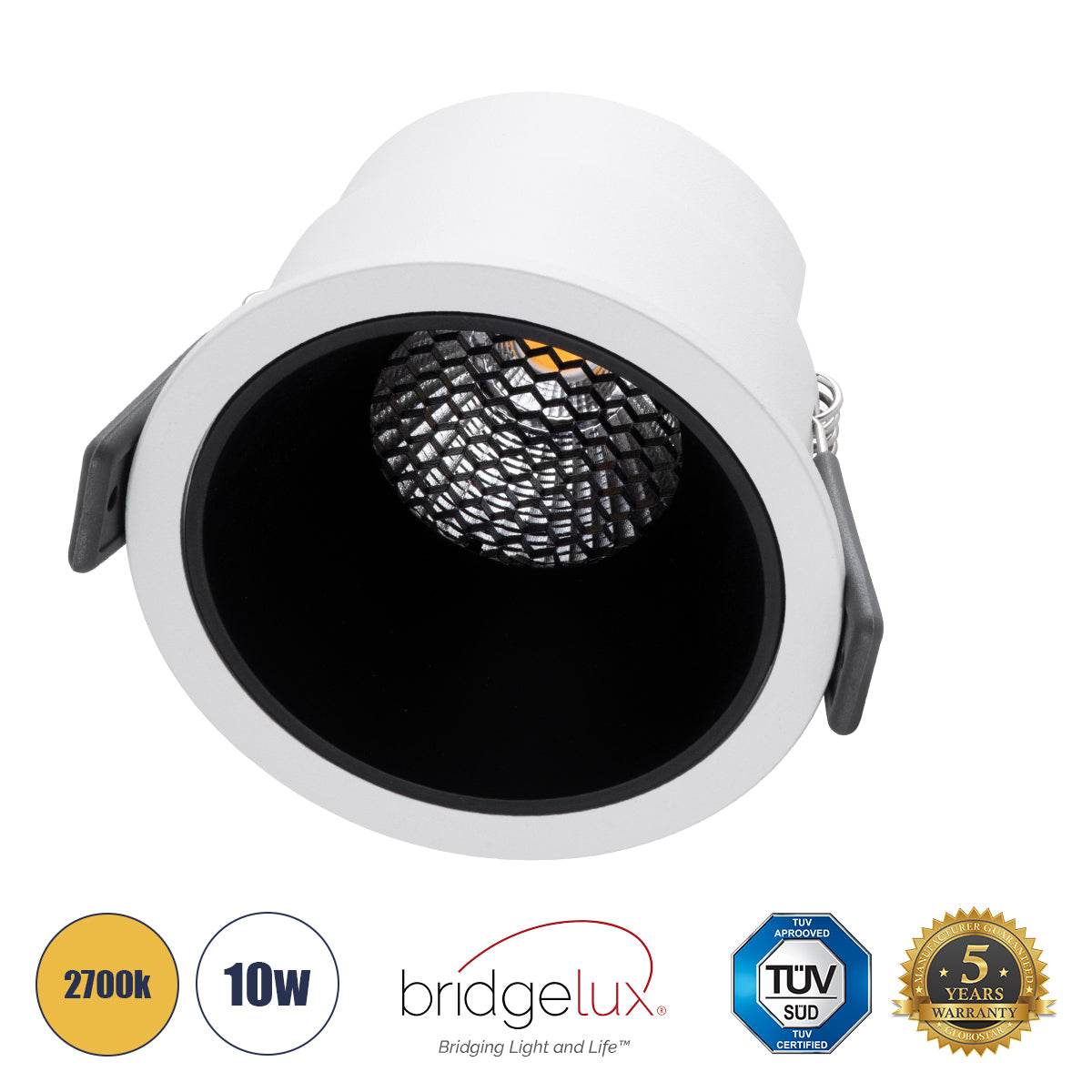 GloboStar® PLUTO-M 60253 Χωνευτό LED Spot Downlight TrimLess Φ8.4cm 10W 1250lm 38° AC 220-240V IP20 Φ8.4 x Υ5.9cm - Στρόγγυλο - Λευκό με Μαύρο Κάτοπτρο & Anti-Glare HoneyComb - Θερμό Λευκό 2700K - Bridgelux COB - 5 Years Warranty - ledmania.gr