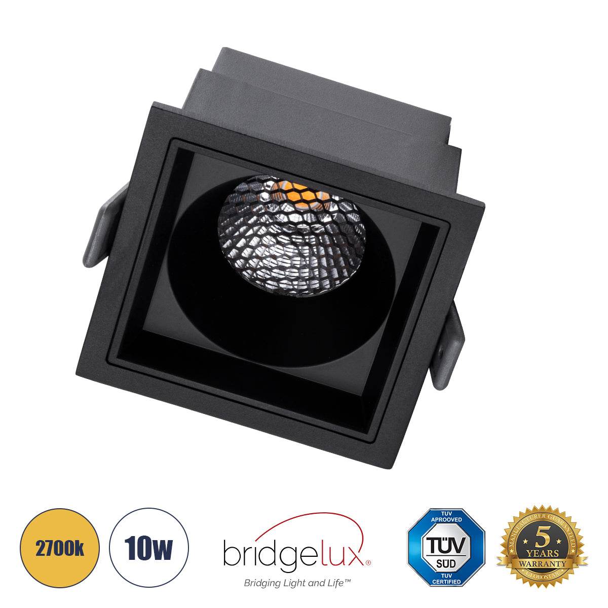 GloboStar® PLUTO-M 60275 Χωνευτό LED Spot Downlight TrimLess Μ8.4xΠ8.4cm 10W 1250lm 38° AC 220-240V IP20 Μ8.4 x Π8.4 x Υ5.9cm - Τετράγωνο - Μαύρο & Anti-Glare HoneyComb - Θερμό Λευκό 2700K - Bridgelux COB - 5 Years Warranty - ledmania.gr