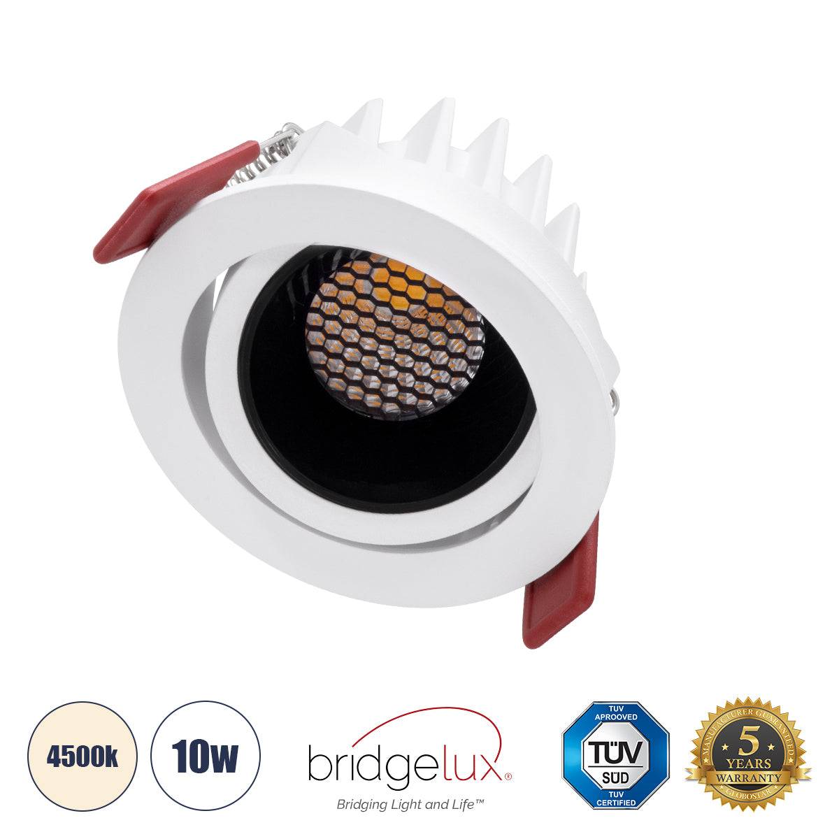 GloboStar® LEO-R 60282 Χωνευτό LED Spot Downlight TrimLess Φ8.5cm 10W 1300lm 38° AC 220-240V IP20 Φ8.5 x Υ6.6cm - Στρόγγυλο - Κινούμενο - Λευκό με Μαύρο Κάτοπτρο & Anti-Glare HoneyComb - Φυσικό Λευκό 4500K - Bridgelux COB - 5 Years Warranty - ledmania.gr