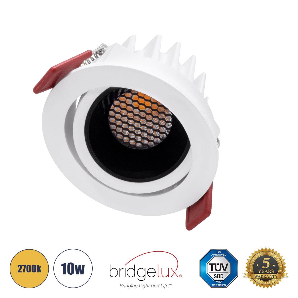 GloboStar® LEO-R 60283 Χωνευτό LED Spot Downlight TrimLess Φ8.5cm 10W 1250lm 38° AC 220-240V IP20 Φ8.5 x Υ6.6cm - Στρόγγυλο - Κινούμενο - Λευκό με Μαύρο Κάτοπτρο & Anti-Glare HoneyComb - Θερμό Λευκό 2700K - Bridgelux COB - 5 Years Warranty - ledmania.gr