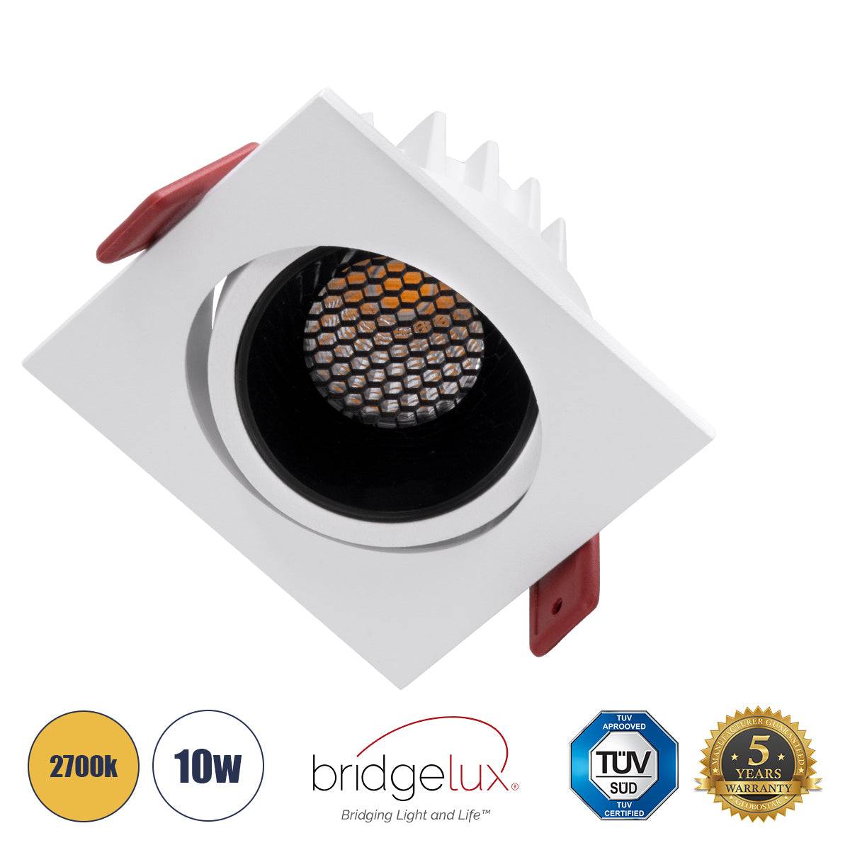 GloboStar® LEO-SQ 60289 Χωνευτό LED Spot Downlight TrimLess Μ8.5xΠ8.5cm 10W 1250lm 38° AC 220-240V IP20 Μ8.5 x Π8.5 x Υ6.6cm - Τετράγωνο - Κινούμενο - Λευκό με Μαύρο Κάτοπτρο & Anti-Glare HoneyComb - Θερμό Λευκό 2700K - Bridgelux COB - 5 Years Warranty - ledmania.gr