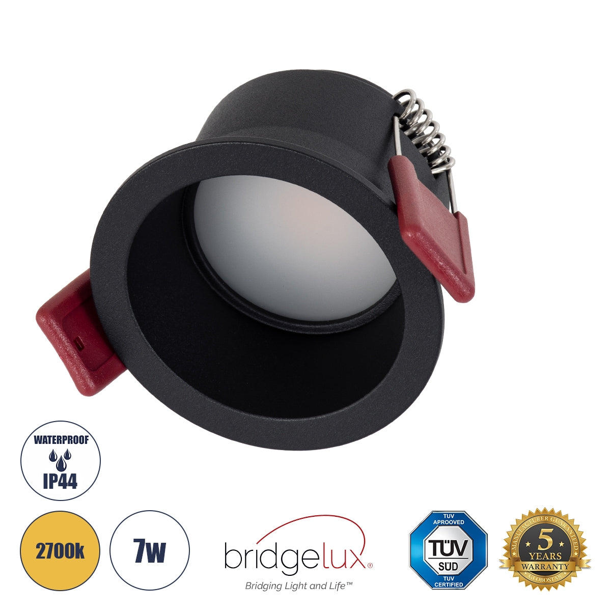 GloboStar® IP 60343 Χωνευτό LED Spot Downlight TrimLess Μπάνιου & WC Φ6.6cm 7W 700lm 45° AC 220-240V IP44 Φ6.6 x Υ5.3cm - Στρόγγυλο - Μαύρο - Θερμό Λευκό 2700K - Bridgelux COB - TÜV Certified Driver